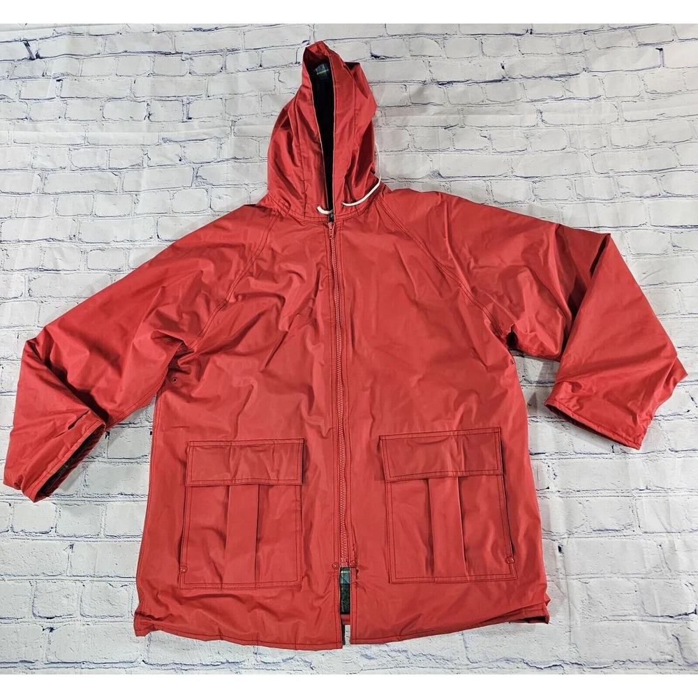Vintage Misty Harbor Any Weather Slicker Coat Jacket Hooded Red Plaid Lined SZ L